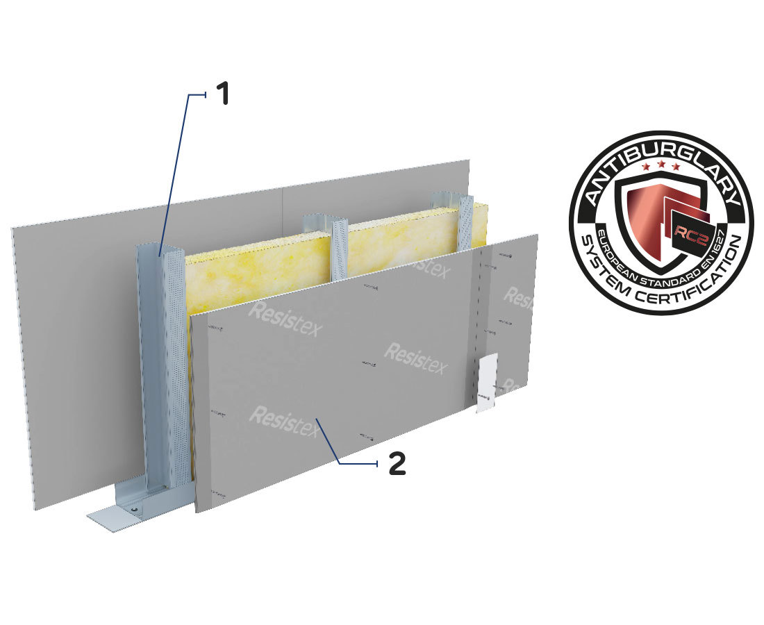 3D prikaz strukture protuprovalnog Resistex sustava sa protupožarnom otpornošću EI160 i protuprovalnom otpornošću RC2.